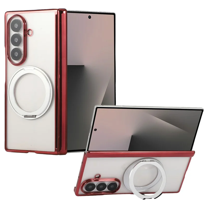Capa Transparente com Suporte Giratório Magnético para Samsung Galaxy Z Fold7 5G, em PC Transparente - Vermelha