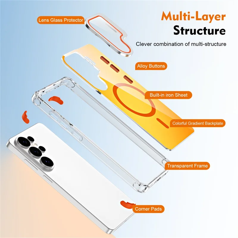 For Samsung Galaxy S26 Ultra Magnetic Case Four Corner Drop Protection TPU + Acrylic Gradient Phone Cover with Lens Film Kickstand - Orange - 8