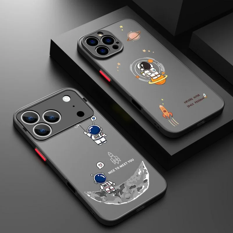 For iPhone 17 Pro Case Astronaut Cartoon Pattern Skin-feel Touch PC + TPU Protective Cover - A824 / Blue Crescent