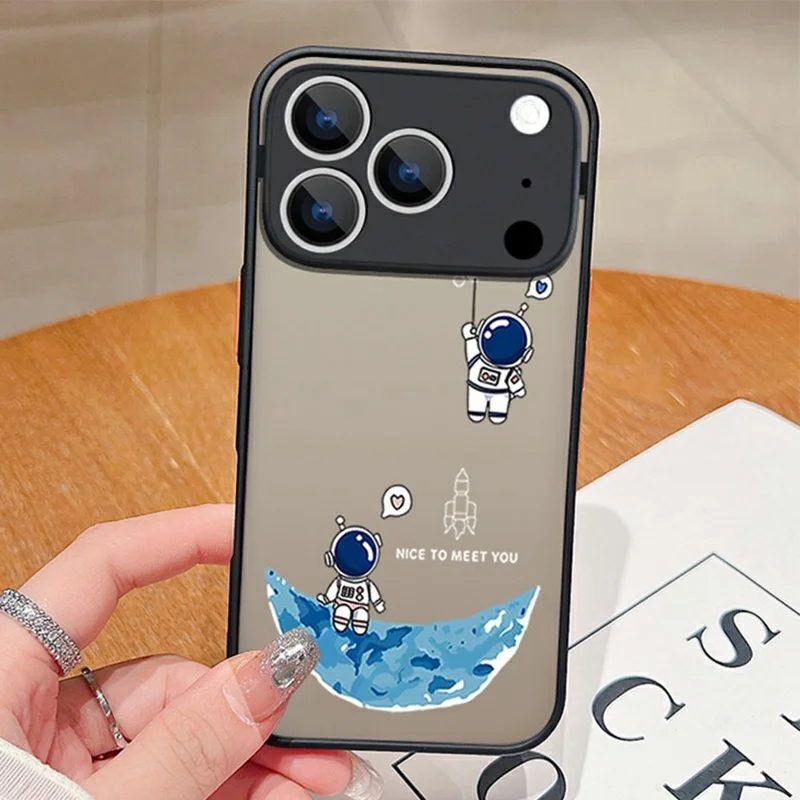 For iPhone 17 Pro Max Case Astronaut Cartoon Pattern Skin-feel Touch PC + TPU Protective Cover - A824 / Blue Crescent