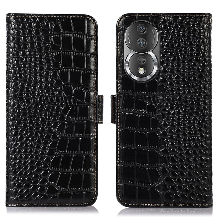 For Honor 80 5G RFID Blocking Anti-fall Phone Case Crocodile Texture Genuine Cowhide Leather Flip Stand Mobile Phone Cover - Black