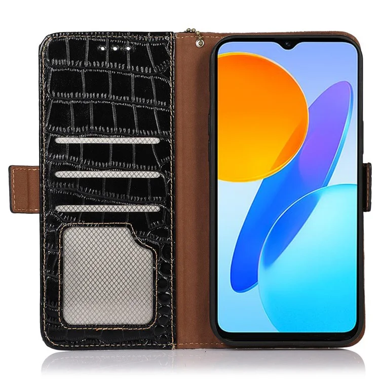 For Honor 80 5G RFID Blocking Anti-fall Phone Case Crocodile Texture Genuine Cowhide Leather Flip Stand Mobile Phone Cover - Black
