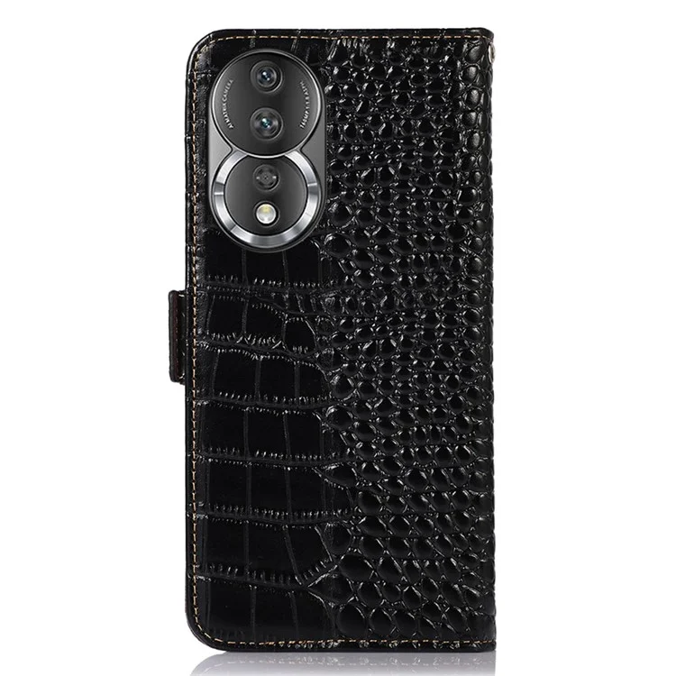 For Honor 80 5G RFID Blocking Anti-fall Phone Case Crocodile Texture Genuine Cowhide Leather Flip Stand Mobile Phone Cover - Black