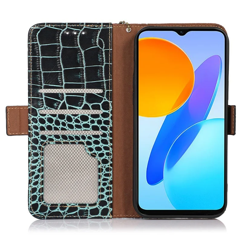 For Honor 80 5G RFID Blocking Anti-fall Phone Case Crocodile Texture Genuine Cowhide Leather Flip Stand Mobile Phone Cover - Green