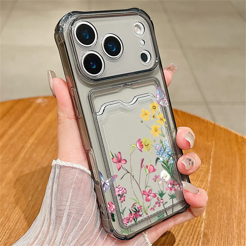 For iPhone 17 Pro Case Floral Pattern Transparent TPU Soft Protective Back Cover with Card Holder - Grey  /  A911