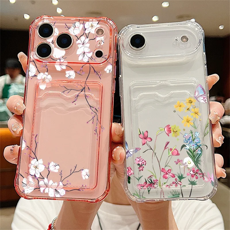 For iPhone 17 Pro Case Floral Pattern Transparent TPU Soft Protective Back Cover with Card Holder - Grey  /  A911