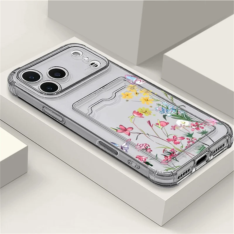 For iPhone 17 Pro Max Case Floral Pattern Transparent TPU Soft Protective Back Cover with Card Holder - Grey / A911