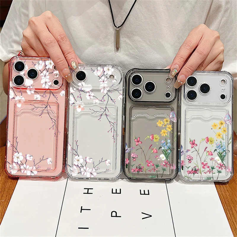 For iPhone 17 Pro Max Case Floral Pattern Transparent TPU Soft Protective Back Cover with Card Holder - Grey / A911