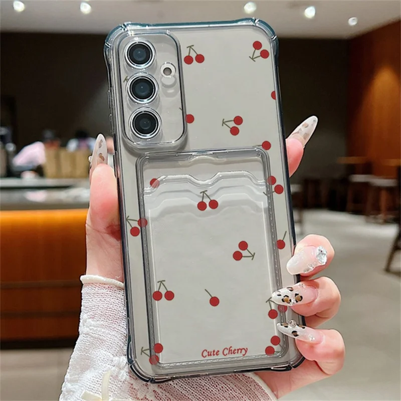 For Samsung Galaxy S26 Case Cherry Pattern Clear TPU Protective Phone Cover with Card Holder - A730G