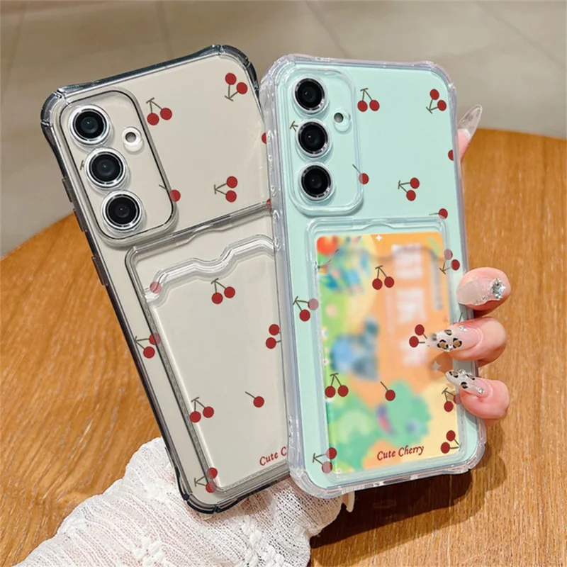 For Samsung Galaxy S26 Case Cherry Pattern Clear TPU Protective Phone Cover with Card Holder - A730G