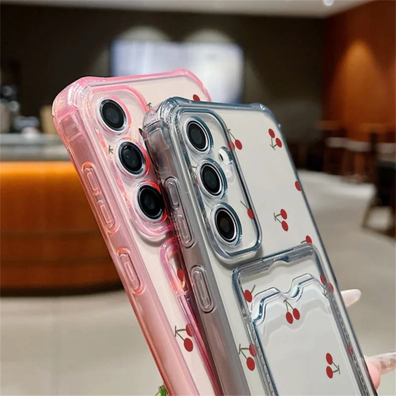 For Samsung Galaxy S26 Case Cherry Pattern Clear TPU Protective Phone Cover with Card Holder - A730G