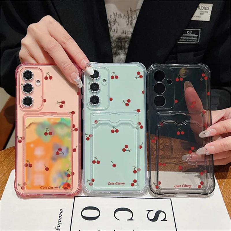 For Samsung Galaxy S26+ Case Cherry Pattern Clear TPU Protective Phone Cover with Card Holder - A730G