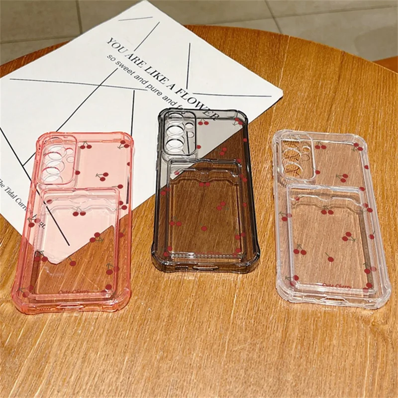 For Samsung Galaxy S26+ Case Cherry Pattern Clear TPU Protective Phone Cover with Card Holder - A730G