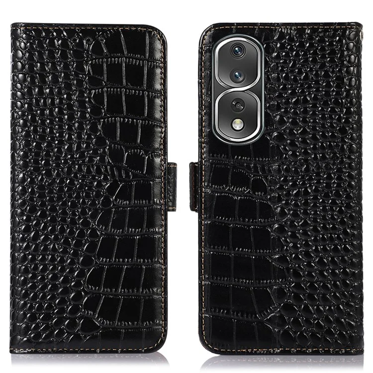 Couvercle de Téléphone à L'épreuve du Choc Pour Honor 80 Pro 5G, Texture Crocodile Véritablement en Cuir Vache RFID Blocking Flip Wallet Case Stand - le Noir