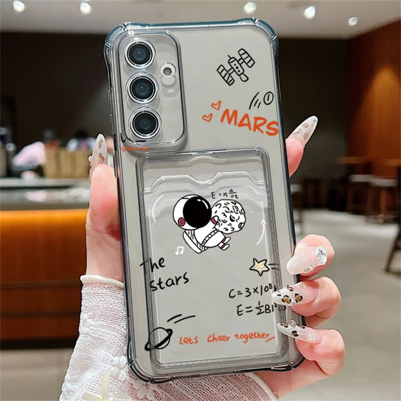 For Samsung Galaxy S25 Case Astronaut Space Cartoon Pattern 4-Corner Shockproof TPU Phone Cover with Card Slot - Light Grey