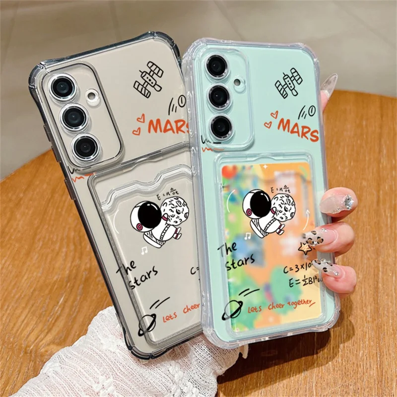 For Samsung Galaxy S25 Case Astronaut Space Cartoon Pattern 4-Corner Shockproof TPU Phone Cover with Card Slot - Light Grey