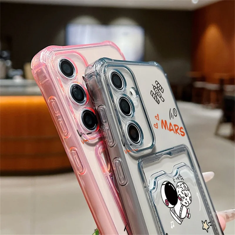 For Samsung Galaxy S25 Case Astronaut Space Cartoon Pattern 4-Corner Shockproof TPU Phone Cover with Card Slot - Light Grey