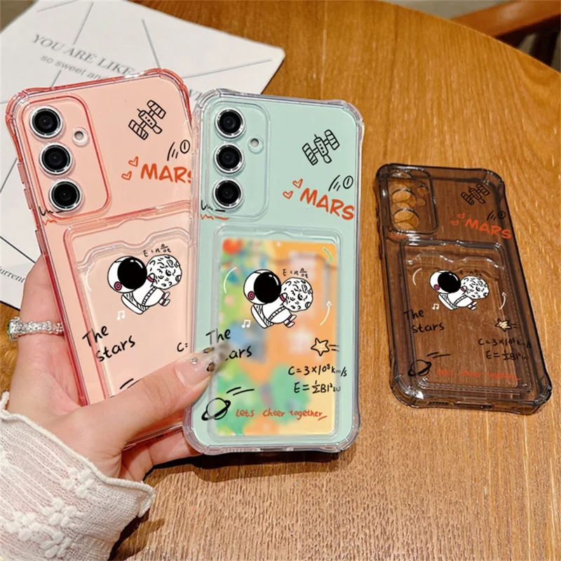For Samsung Galaxy S25 Case Astronaut Space Cartoon Pattern 4-Corner Shockproof TPU Phone Cover with Card Slot - Light Grey