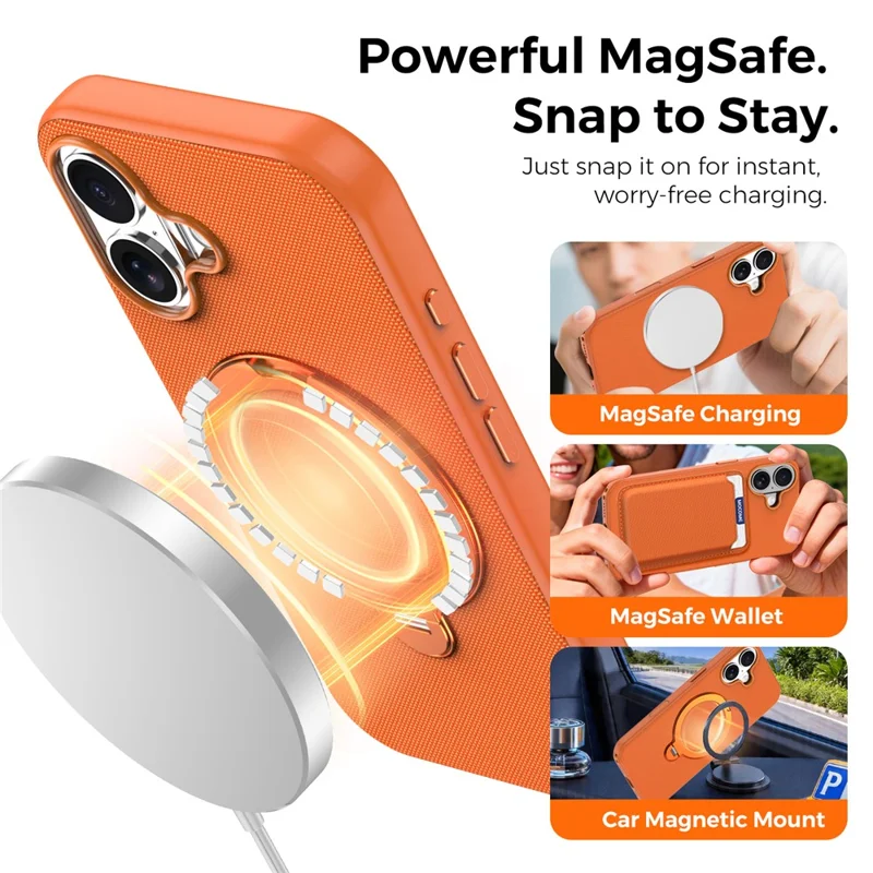 For iPhone 17 Case Magnetic Rotating Kickstand Tech Fabric TPU Protective Cover - Orange
