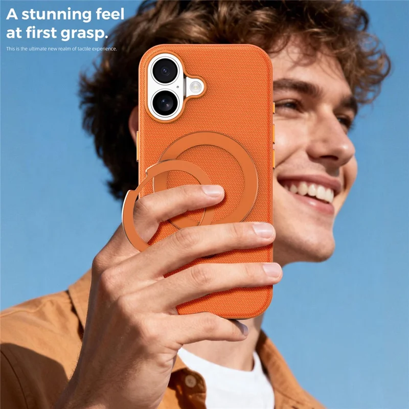 For iPhone 17 Case Magnetic Rotating Kickstand Tech Fabric TPU Protective Cover - Orange