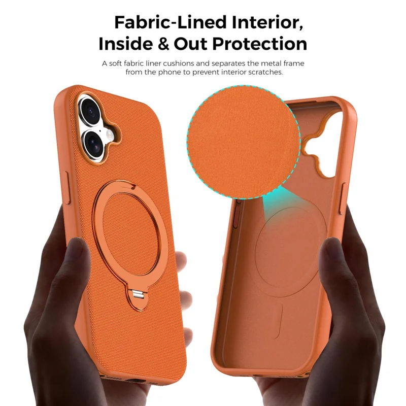 For iPhone 17 Case Magnetic Rotating Kickstand Tech Fabric TPU Protective Cover - Orange