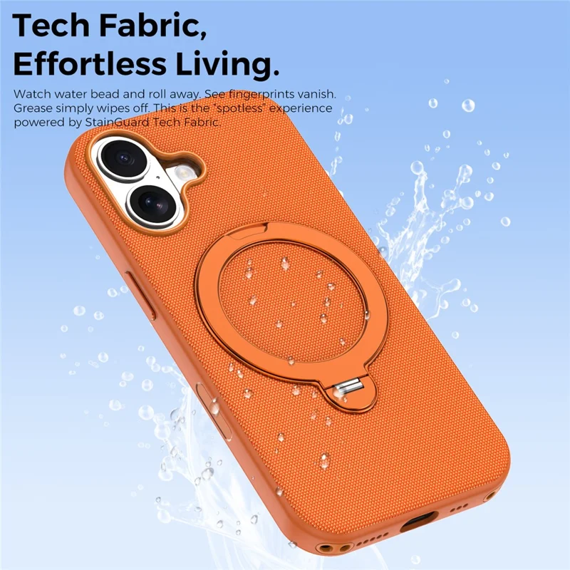 For iPhone 17 Case Magnetic Rotating Kickstand Tech Fabric TPU Protective Cover - Orange
