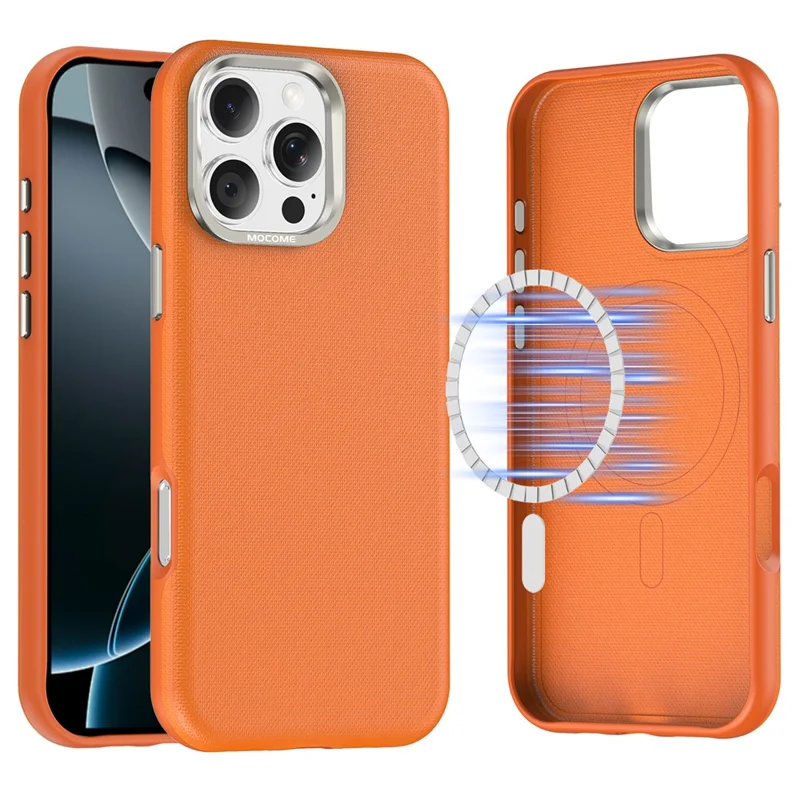 For iPhone 16 Pro Max Magnetic Case Fine Grid Texture Leather Coated TPU PC Phone Cover with Metal Lens Frame - Orange