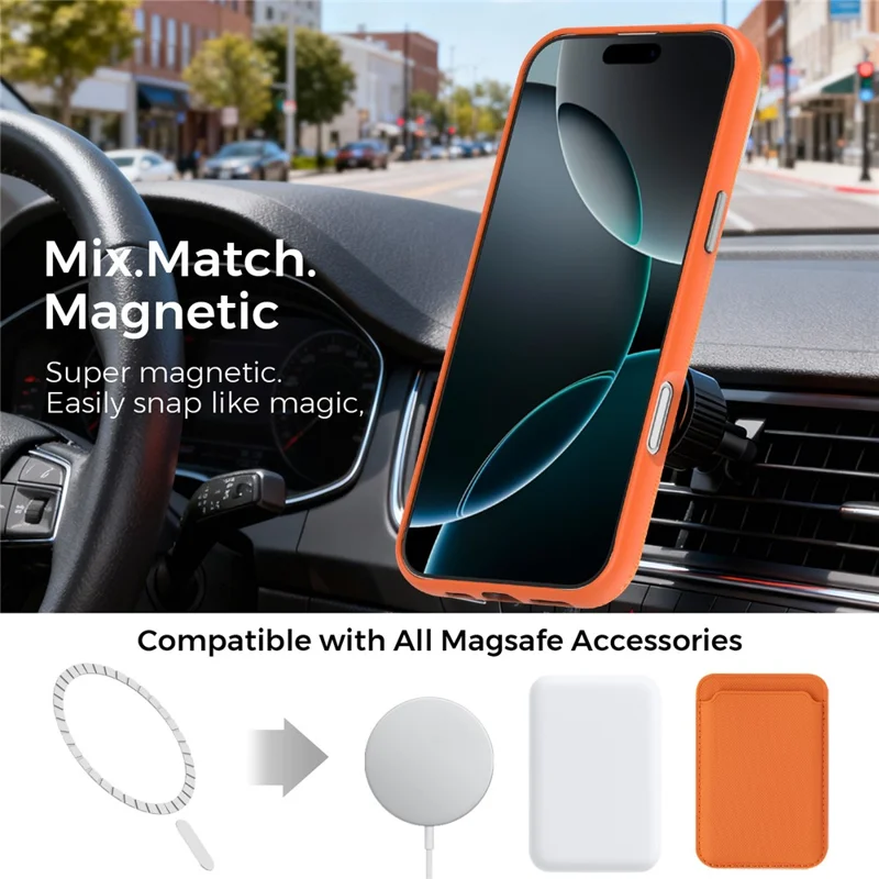 For iPhone 16 Pro Max Magnetic Case Fine Grid Texture Leather Coated TPU PC Phone Cover with Metal Lens Frame - Orange