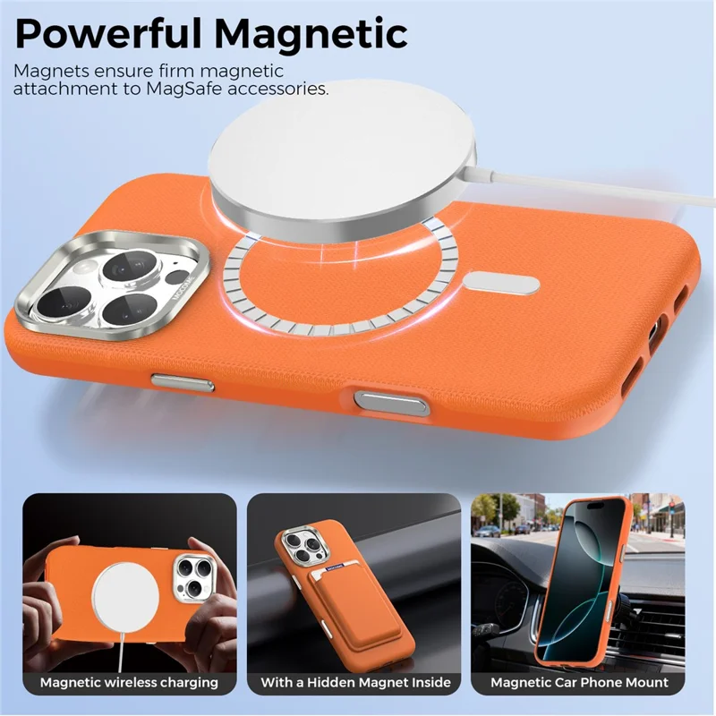 For iPhone 16 Pro Max Magnetic Case Fine Grid Texture Leather Coated TPU PC Phone Cover with Metal Lens Frame - Orange