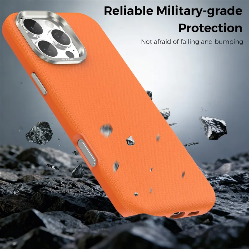 For iPhone 16 Pro Max Magnetic Case Fine Grid Texture Leather Coated TPU PC Phone Cover with Metal Lens Frame - Orange