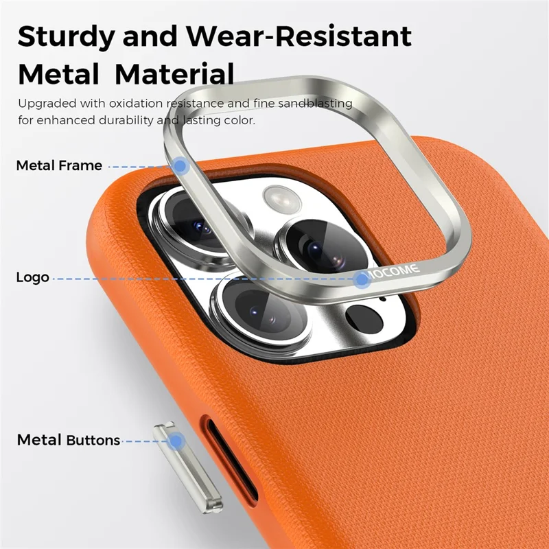 For iPhone 16 Pro Max Magnetic Case Fine Grid Texture Leather Coated TPU PC Phone Cover with Metal Lens Frame - Orange