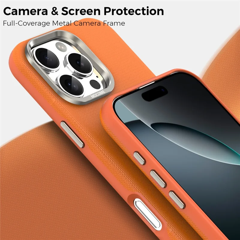 For iPhone 16 Pro Max Magnetic Case Fine Grid Texture Leather Coated TPU PC Phone Cover with Metal Lens Frame - Orange