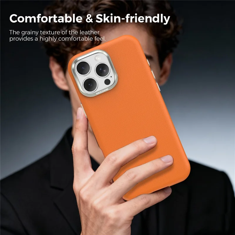 For iPhone 16 Pro Max Magnetic Case Fine Grid Texture Leather Coated TPU PC Phone Cover with Metal Lens Frame - Orange