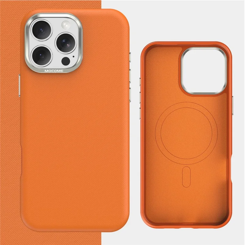For iPhone 16 Pro Max Magnetic Case Fine Grid Texture Leather Coated TPU PC Phone Cover with Metal Lens Frame - Orange