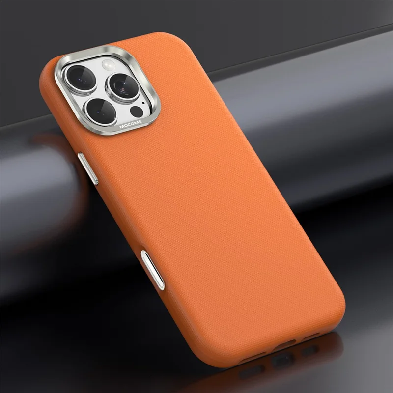 For iPhone 16 Pro Max Magnetic Case Fine Grid Texture Leather Coated TPU PC Phone Cover with Metal Lens Frame - Orange
