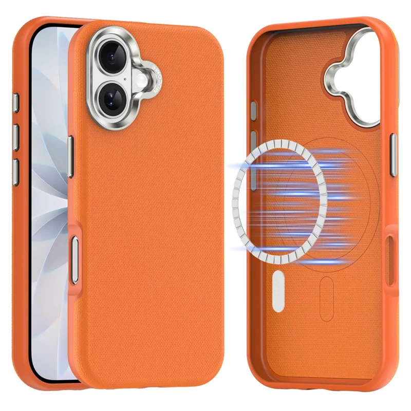 For iPhone 17 Magnetic Case Fine Grid Texture Leather Coated TPU PC Phone Cover with Metal Lens Frame - Orange