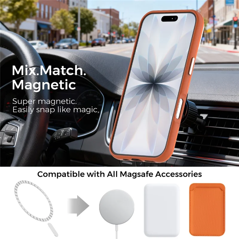 For iPhone 17 Magnetic Case Fine Grid Texture Leather Coated TPU PC Phone Cover with Metal Lens Frame - Orange