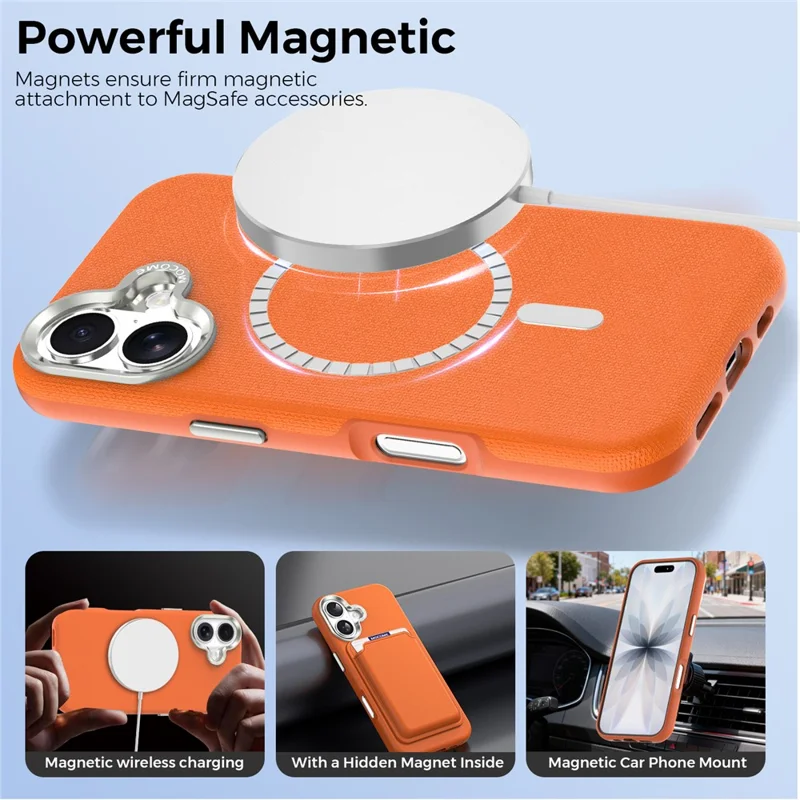 For iPhone 17 Magnetic Case Fine Grid Texture Leather Coated TPU PC Phone Cover with Metal Lens Frame - Orange