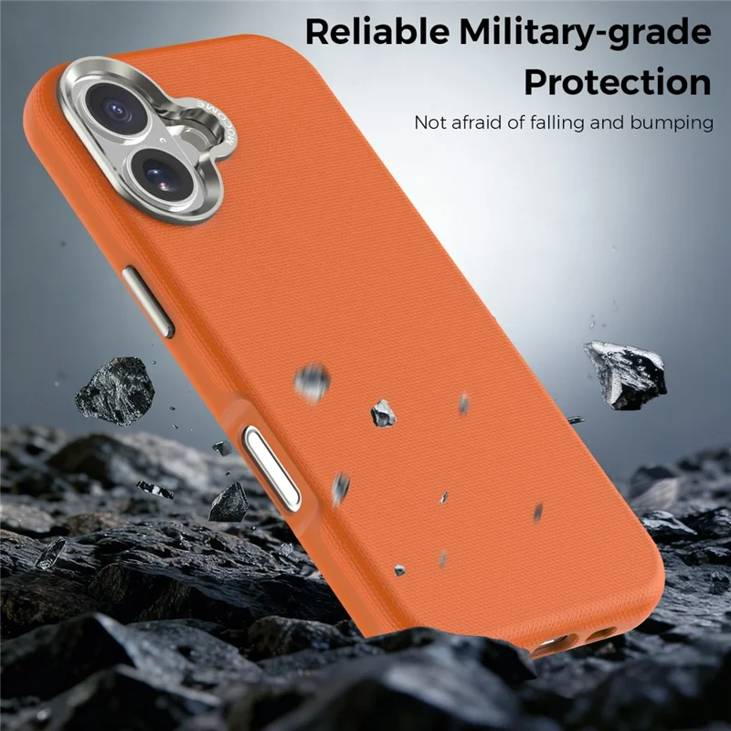 For iPhone 17 Magnetic Case Fine Grid Texture Leather Coated TPU PC Phone Cover with Metal Lens Frame - Orange
