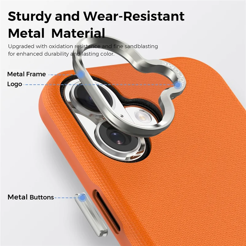 For iPhone 17 Magnetic Case Fine Grid Texture Leather Coated TPU PC Phone Cover with Metal Lens Frame - Orange