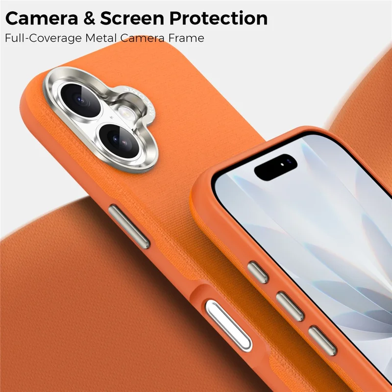 For iPhone 17 Magnetic Case Fine Grid Texture Leather Coated TPU PC Phone Cover with Metal Lens Frame - Orange