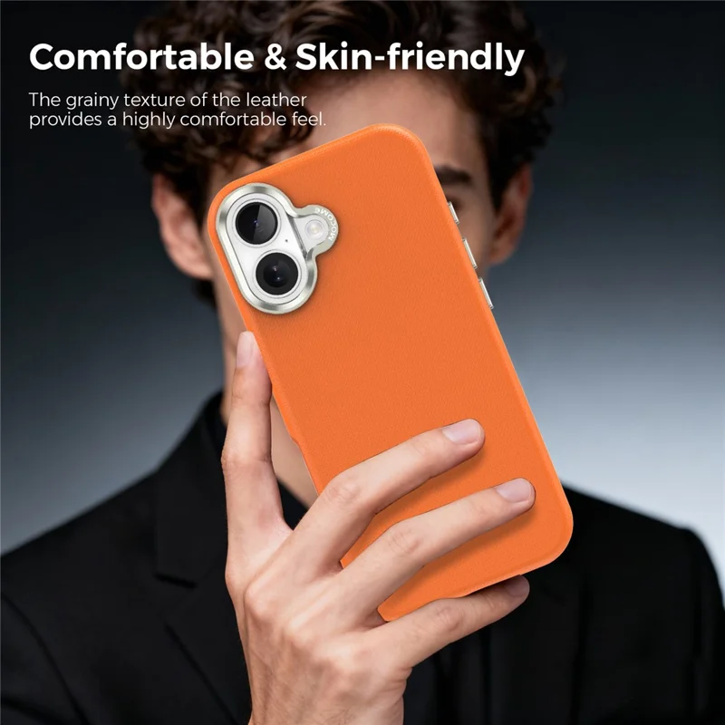For iPhone 17 Magnetic Case Fine Grid Texture Leather Coated TPU PC Phone Cover with Metal Lens Frame - Orange