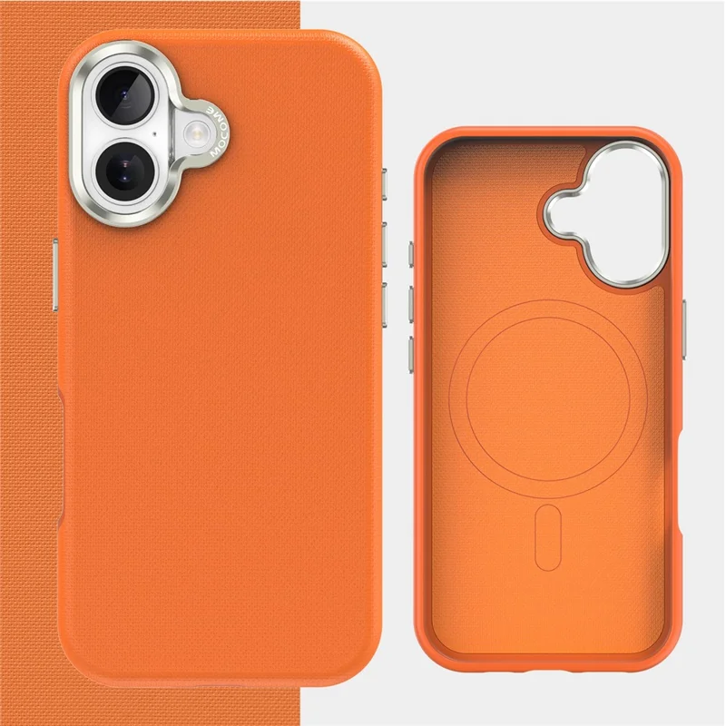 For iPhone 17 Magnetic Case Fine Grid Texture Leather Coated TPU PC Phone Cover with Metal Lens Frame - Orange