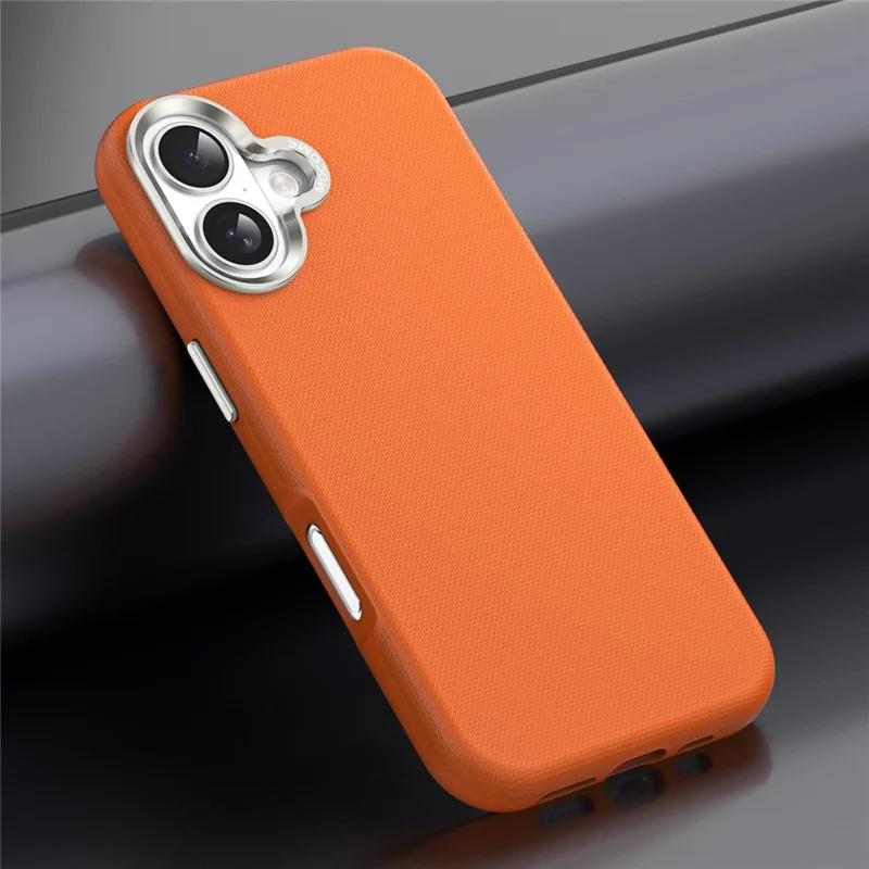For iPhone 17 Magnetic Case Fine Grid Texture Leather Coated TPU PC Phone Cover with Metal Lens Frame - Orange