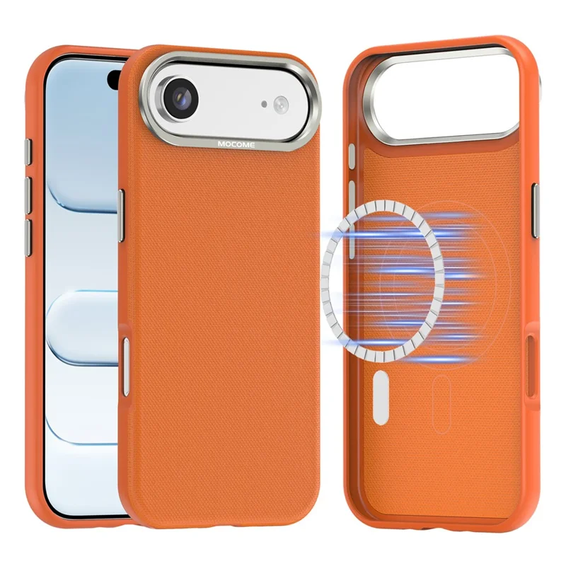 For iPhone Air Magnetic Case Fine Grid Texture Leather Coated TPU PC Phone Cover with Metal Lens Frame - Orange