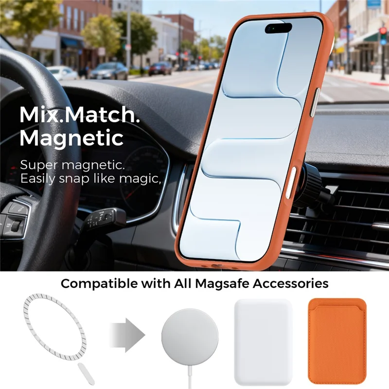 For iPhone Air Magnetic Case Fine Grid Texture Leather Coated TPU PC Phone Cover with Metal Lens Frame - Orange