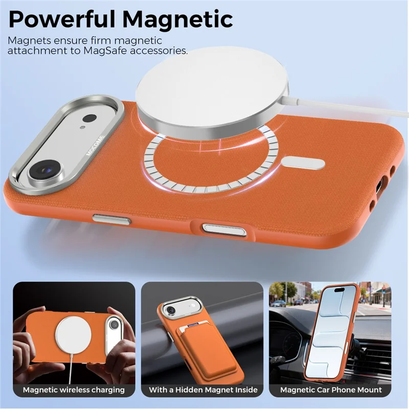 For iPhone Air Magnetic Case Fine Grid Texture Leather Coated TPU PC Phone Cover with Metal Lens Frame - Orange