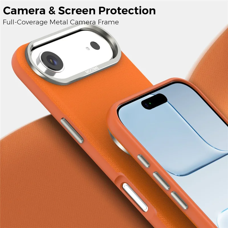 For iPhone Air Magnetic Case Fine Grid Texture Leather Coated TPU PC Phone Cover with Metal Lens Frame - Orange