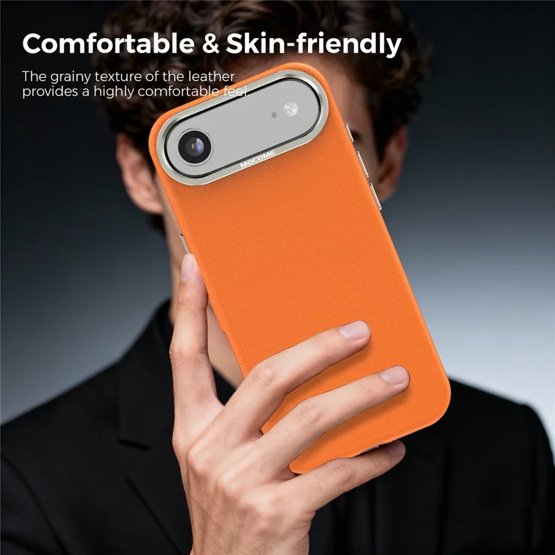 For iPhone Air Magnetic Case Fine Grid Texture Leather Coated TPU PC Phone Cover with Metal Lens Frame - Orange