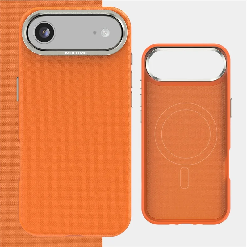 For iPhone Air Magnetic Case Fine Grid Texture Leather Coated TPU PC Phone Cover with Metal Lens Frame - Orange
